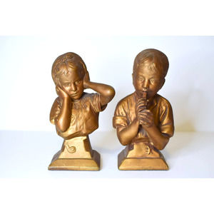 Pair of Enesco Chalkware Busts, Boy and Girl, Brother Sister, Signed